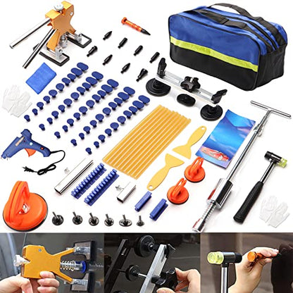 Jerbor 97PCS Car Dent Puller Kit, Paintless Dent Repair Kit with T-Bar Slide Hammer, Golden Lifter, Bridge Puller, Glue Gun & Tabs for Door Dings, Hail Damage, Auto Body Repair