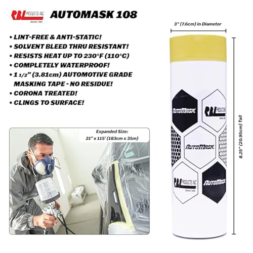 RBL 109 AutoMask 72” x 115’ Refill Roll – Pre-Taped, Lint-Free, Waterproof, Anti-Static Paint Masking Film – Heat & Solvent Resistant