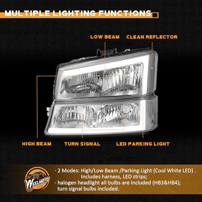 WEELMOTO LED Headlights Assembly for 2003-2007 Chevy Silverado - color: Chrome | LED Bar (White Light) | Clear Reflector