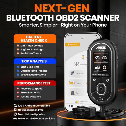 ANCEL BD310 Bluetooth OBD2 Scanner, 2-in-1 Car Diagnostic Scan Tool & Code Reader with App, Battery Test, Trip Analysis, Performance Test, for iPhone & Android, All 1996+ Vehicles