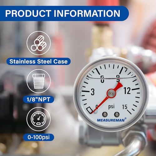 MEASUREMAN 1-1/2" Dial Size, Glycerin Filled Fuel Pressure Gauge, 304 Stainless Steel case, 0-15Psi, 3-2-3%, 1/8" NPT Back Mount - size: 0-15 psi, style: Back Mount