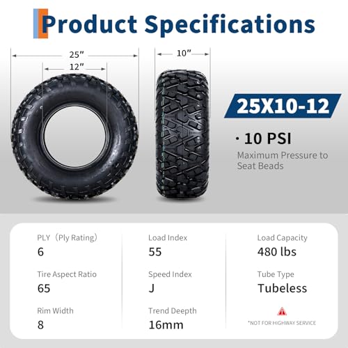 25x10x12 ATV UTV Tires, 25 10 12 All-Terrain Tires,A102, 25x10-12 UTV ATV Tire for Off-Road, Mud, Dirt, Sand, Street Trail, 6PR Tubeless,2 Pack - size: 25X10-12, style: Pattern D