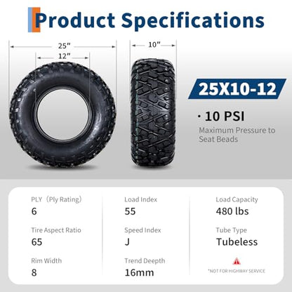 25x10x12 ATV UTV Tires, 25 10 12 All-Terrain Tires,A102, 25x10-12 UTV ATV Tire for Off-Road, Mud, Dirt, Sand, Street Trail, 6PR Tubeless,2 Pack - size: 25X10-12, style: Pattern D