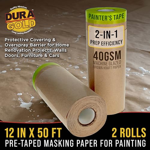 Dura-Gold 페인팅용 사전 테이핑 마스킹 페이퍼 (30.5cm x 15.2m(12인치 x 50피트), 2롤) - 테이프 - size: 12-inch-x-50-feet (Pack of 2)