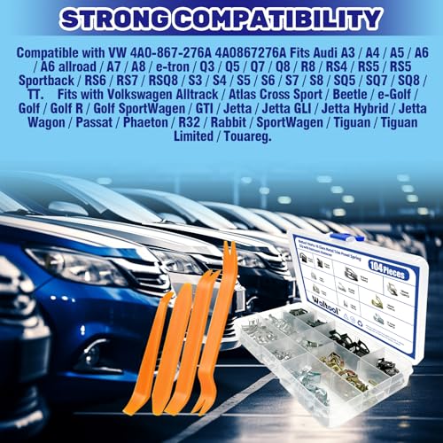 104Pcs Metal Auto Trim Panel Spring Clip Assortment Set with Removal Tools, 7.9/10/ 11/13.1/14.1/15.3/15.8/16/17.3/18.2mm Car U-Clip Moulding Fastener Compatible with Audi VW