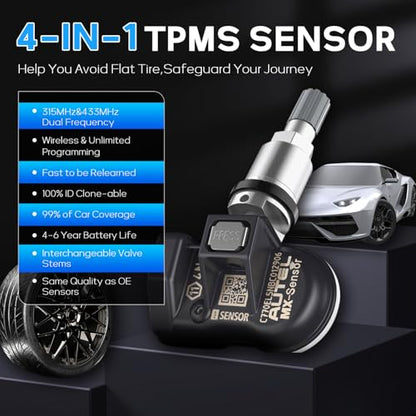 Autel TPMS Sensors 4pcs, 2in1 315MHz+433MHz Universal Tire Pressure Sensor