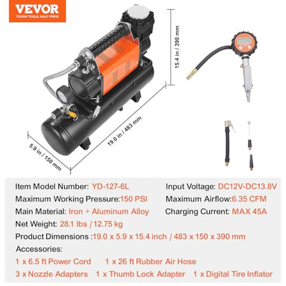 VEVOR 12V Heavy Duty Air Compressor with 6L Tank Kit, 6.35 CFM Portable Tire Inflator, 150PSI Offroad Air Compressor with Digital Pressure Gauge Tire Inflator for Trucks Car SUV 4 x 4 Vehicle RV - style: 6.35 CFM with 6L Tank Kit