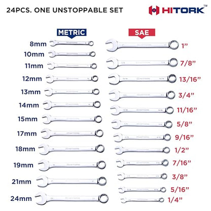 Hitork 24-Piece Combination Wrench Set, SAE (1/4"–1") & Metric (8–24mm), Cr-V Steel, Mirror Chrome Finish, 12-Point Box End, 15° Offset, with Roll Pouch – Ideal for Home, Garage & Auto Repair - style: 24 Piece Set SAE & Metric