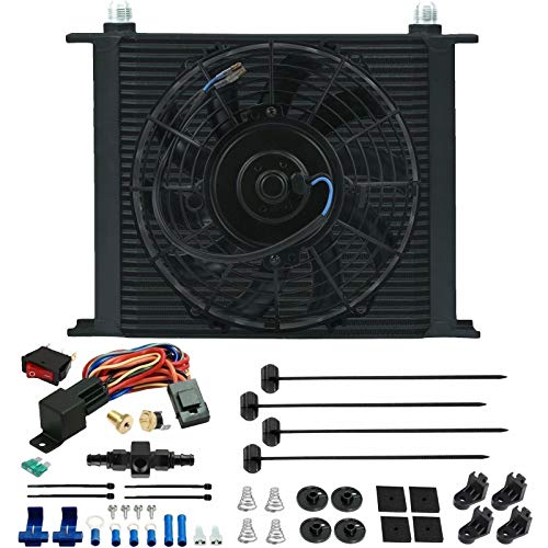34 Row Large Black Aluminum Auto Engine Transmission Oil Cooler 12 Volt 90w Electric Fan 6AN in-Line Hose End Fitting 180'F Degree Temperature Switch Thermostat Wiring Kit