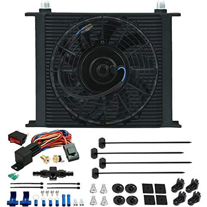 34 Row Large Black Aluminum Auto Engine Transmission Oil Cooler 12 Volt 90w Electric Fan 6AN in-Line Hose End Fitting 180'F Degree Temperature Switch Thermostat Wiring Kit