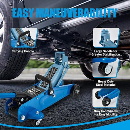 1.5 Ton Floor Jack Low Profile, Heavy-Duty Steel Racing with Single Piston Lift Pump, Lifting Range 5" ~ 12.2"（Blue）
