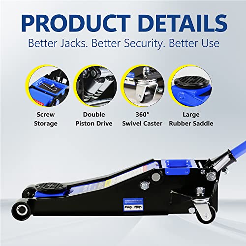 3T Low Profile Steel Floor Jack, 6600 lb, Dual Pump, 3.3"-18.5" Lift, Blue - size: 3T Dual Pump 3.3"-18.5"