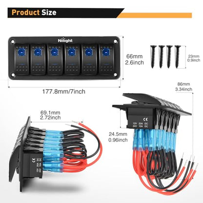 Nilight-90111F 6 Gang Aluminum Rocker Switch Panel Toggle Dash 5 Pin ON/Off Pre-Wired Rocker Switch Blue Backlit Switch for Automotive Car Marine Boat RV,2 Years Warranty - color: Blue, size: 6 Gang