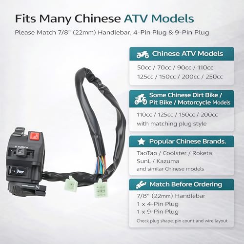 7/8" Left Handlebar Control Switch Assembly & 4-Pin Ignition Key Combo with Manual Choke - Replacement for 150cc 200cc 250cc Chinese ATV Quad TaoTao Coolster SSR Roketa Baja SunL