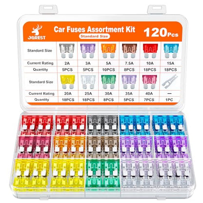 JOREST 120Pcs Standard Fuse Kit, Car Fuses Assortment Kit,Blade Fuses Automotive for RV Vehicle Motorcycle (2Amp 3A 5A 7.5A 10A 15A 20A 25A 30A 35A 40A) + Auto Fuse Puller - style: 120pcs Standard