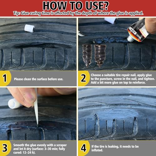 Tire Repair Glue Kit, 2-Pack 10 ml Rubber Cement with 8 Nails
