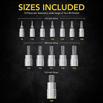LEXIVON Torx Bit Socket Set, Premium S2 Alloy Steel | 13-Piece Star T8 - T60 Set | Enhanced Storage Case (LX-143) - style: Torx Bit Socket Set