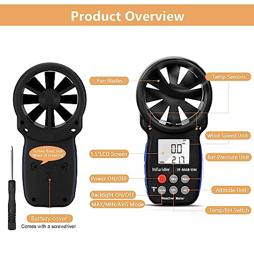 HoldPeak Handheld Anemometer Barometer, Weather Meter for Wind Speed, Temperature, Humidity, Dew Point, Altitude, Barometric Pressure, Wind Chill Measuring, Digital Wind Guage 866B-WM - color: 866B-WM (1 PC)