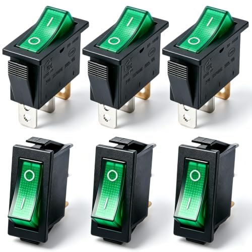 TWTADE / 6Pcs Rocker Switch, 3 Pin 2 Position Green Light On/Off SPST Boat Rocker Toggle Switch Snap AC 250V 125V/20A KCD3-101N-G - color: Green-ON/Off - KCD3, size: Narrow Rectangle