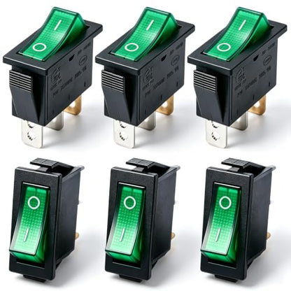 TWTADE / 6Pcs Rocker Switch, 3 Pin 2 Position Green Light On/Off SPST Boat Rocker Toggle Switch Snap AC 250V 125V/20A KCD3-101N-G - color: Green-ON/Off - KCD3, size: Narrow Rectangle