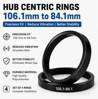 106.1mm to 84.1mm Hub Centric Rings for Aftermarket Wheels – Precision Wheel Hub Adapter – Reduces Vibration and Improves Wheel Fitment - Set of 4 pcs - size: 106.1-84.1 mm
