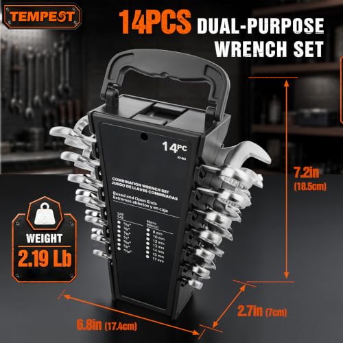 Tempest 14 Piece Combination Wrench Set, Metric & SAE (8-17mm, 5/16-11/16 inch) with Compact Organizer Rack, Drop Forged Steel Mechanics Hand Tools Kit for Automotive Repair, Home DIY, Workshops
