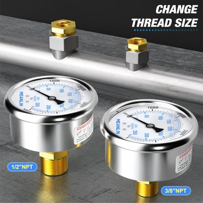 MEANLIN MEASURE 0~5000Psi Stainless Steel 1/4" NPT 2.5" FACE DIAL Liquid Filled Pressure Gauge WOG Water Oil Air Center Back Mount, with 1/2" NPT and 3/8" NPT Hex Bushing - size: 0-5000Psi