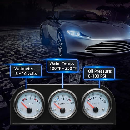ARTILAURA 52mm Triple Gauge Set (Oil Pressure+Water Temp+Voltmeter) 3 in1 White Triple Meter Kit Dashboard with Black Console for 12V AUTO Car - color: White