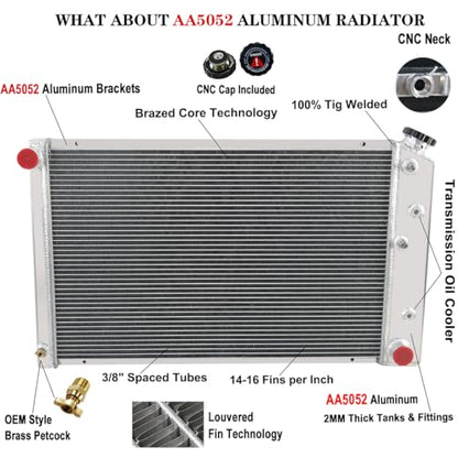 3 Row Aluminum Radiator for Chevy C10 C20 C30 K10 K20 K30 GMC C2500 4.0L 4.8L 5.0L 5.7L Automotive Replacement Radiator for Buick Centurion Electra Riviera