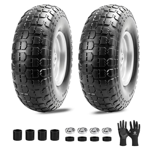4.00-6 Flat Free Wheelbarrow Tire, 13" Wheelbarrow Wheels and Tires with 5/8" or 3/4" Bearings, 1.75" Centered Hub for Garden Carts, Hand Truck Replacement Wheel(2 PCS) - size: 2 PCS