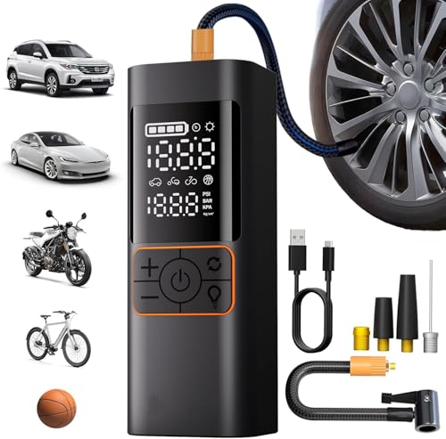 Tire Inflator Portable Air Compressor, 180PSI Air Pump with Dual Digital Pressure Gauge, Fast Inflation 32L/Min, Auto Shut-Off & LED Light, 3*2000mAh Battery Capacity, for Car, Motorcycle, Bike, Ball