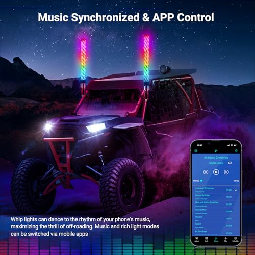 Ehaho 1PC 1FT Fat Whip Light for UTV ATV with Spring Base, Led Fatty Whip Light W/Rocker Switch & 6 Flags, Brighter Spiral Chasing Lighted Antenna Whip with APP & Remote Control for RZR SXS Can-Am - size: 1FT-1PC