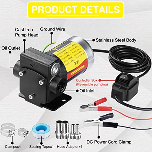 TRUPOW 12V DC Self-priming Gasoline Fuel Oil Transfer Pump with Reversible Pumping for Gasoline Diesel Kerosene & More - style: 12V 3.7GPM
