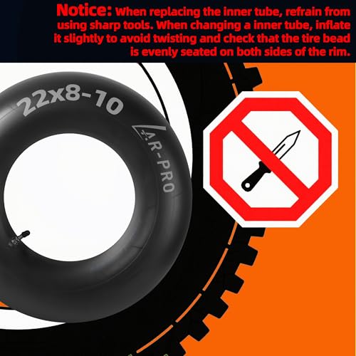 AR-PRO Relacement 22x8-10, 22x9-10 Inner Tubes for ATV, Lawn Tractor, Mowers, Golf Cart, Snow Blowers, and More - with TR6 Straight Metal Valve Stems - Made from Durable Butyl Rubber (2-Pack) - size: 22x8-10,TR-6