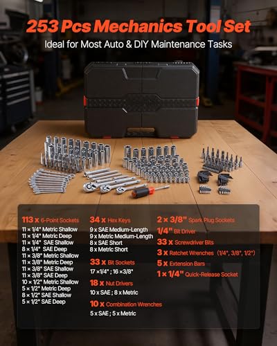 VEVOR Mechanics Tool Set, 253-Piece Mechanic Tool Kit, 1/4 in, 3/8 in, and 1/2 in Drive, SAE and Metric Socket Set, Wrenches, Screwdriver Bits, Accessories, and Storage Case, for Automotive Repair - size: 247-PCS