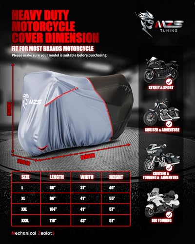 MZS Motorcycle Cover Waterproof Outdoor, Heavy Duty All Season Weather Sun Protection with Storage Bag Vents Night Reflective Cotton Lining Lock Holes fits up to 86" Motorbikes Vehicle Covers - size: Large 86 inches