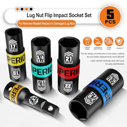 1/2" Drive Lug Nut Impact Socket Set, 5 Pcs Impact Sockets, Flip Socket Set, Thin Wall Nut Sockets with 3" Extension Bar, Remove Bloated Warped, Damaged Lug Nuts - size: 5PCS Metric&SAE