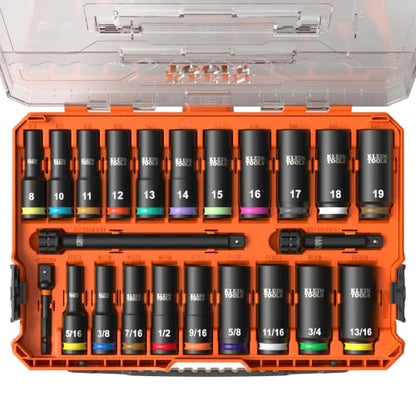 Klein Tools 65121IMPCT KNECT Deep-Well 3/8-Inch Drive Impact Socket Set, SAE and Metric, 23-Piece Tool Set, Impact Driver Adapter, Multi-Purpose Wrench Adapter, Color-Coded, MODbox Socket Organizer - style: 23-Piece Metric & SAE Set