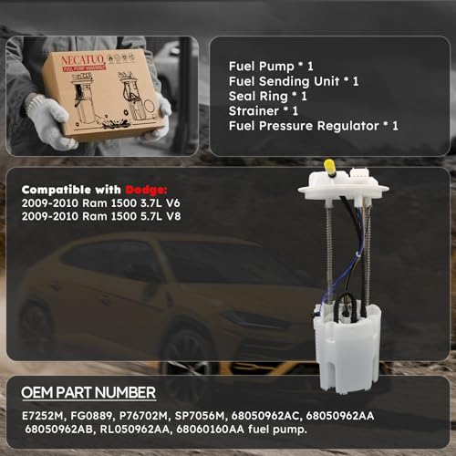 E7252M Electric Fuel Pump Module Assembly w/Sending Unit Compatible with Dodge Ram 1500 2009-2010 3.7L 5.7L V6 V8, For 68050962AA - size: E7252M