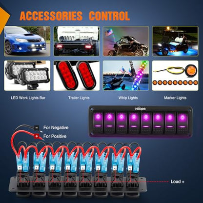 Nilight 8 Gang Rocker Switch Panel w/Purple LED Light 5Pin On Off Pre-Wired - color: Purple, size: 8 Gang