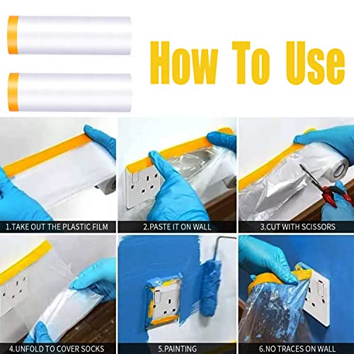Painters Plastic With Tape, Pre-Taped Masking Film, 6 Rolls Automotive Best Tape and Drape, Paint Adhesive Protective Film Roll for Covering Skirting, Frames, Cars and Auto Body (5 X 65-Feet) (6)