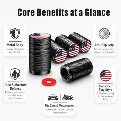 Tire Valve Stem Caps, 5 Pack, American Flag, Chrome - color: Silver black and white flag