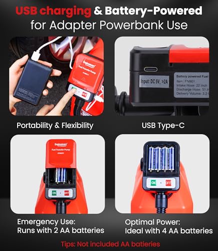 3.2GPM Battery Powered USB Charging Fuel Transfer Pump with Hand Shut Off Nozzle, 51" Long Hose, 4 Adapters, Portable Gas Pump Ideal For Gasoline, Diesel, Kerosene Transfer - color: Black Red