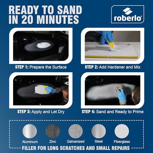 Roberlo Maxilight Superior Lightweight Auto Body Filler - Easy Application, Super Smooth Self-Leveling Formula, Creamy Texture, Ideal for Large Area Repairs, Dents, Dings, Holes, Scratches & Rust Quart