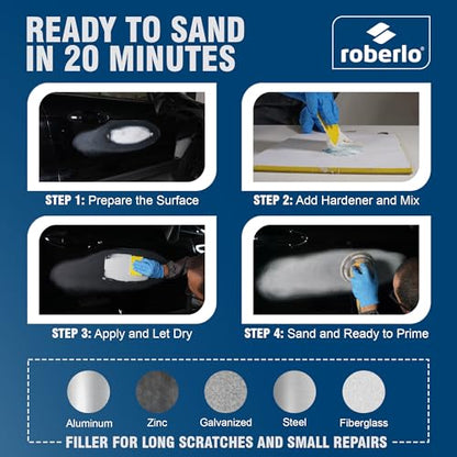 Roberlo Maxilight Superior Lightweight Auto Body Filler - Easy Application, Super Smooth Self-Leveling Formula, Creamy Texture, Ideal for Large Area Repairs, Dents, Dings, Holes, Scratches & Rust Quart