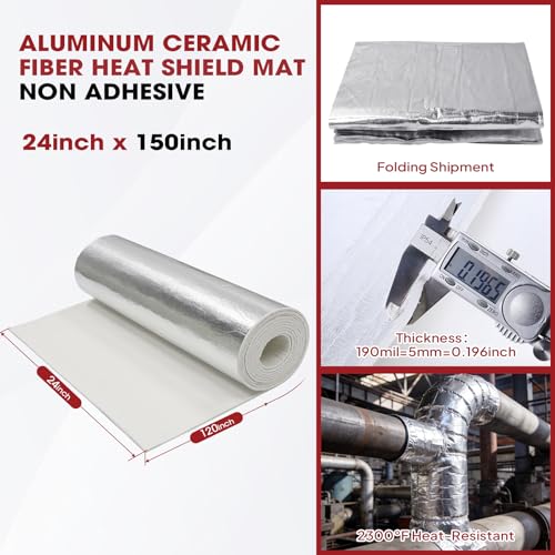 190mil Heat Shield Aluminum Foil High Temperature Mat 2300℉ Ceramic Fiber Barrier Insulation Thermal Shield Material Sheet Protection (None-Adheisive, 150"x 24") - size: 190mil-150"x 24", style: None-Backing Paper