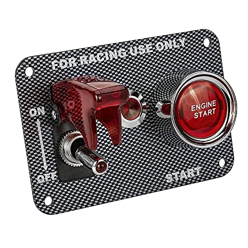 DC12V Racing Car Ignition Switch Panel Carbon Fiber Rocking Switch+Engine Start Push Button with Red Indicator Light (Red) - color: Red