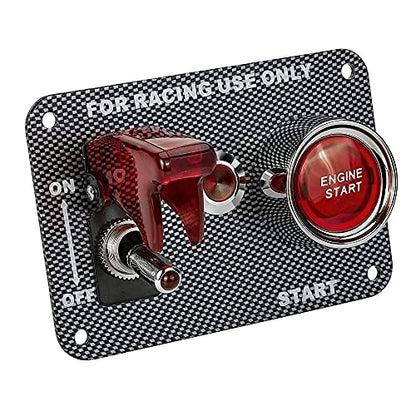 DC12V Racing Car Ignition Switch Panel Carbon Fiber Rocking Switch+Engine Start Push Button with Red Indicator Light (Red) - color: Red