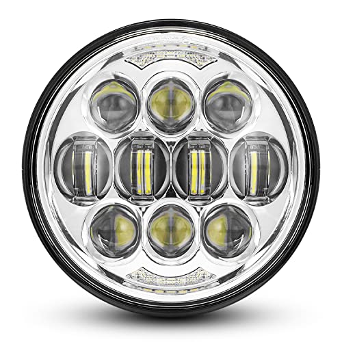 DOT Approved 80W 5-3/4" 5.75" Round LED Projection Headlight Compatible with Dyna Street Bob Super Wide Glide Low Rider Night Rod Train Softail Deuce Custom Sportster Iron 883,Silver - color: silver