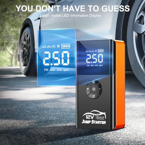 Jump Starter with Air Compressor, 8000A 180PSI, Portable Car Battery Jump Starter (All Gas/12L Diesel) 12V Automobile Jump Box Pack Chargers with Jumper Cables, 4-Mode LED Lights - color: Pumpkin Orange